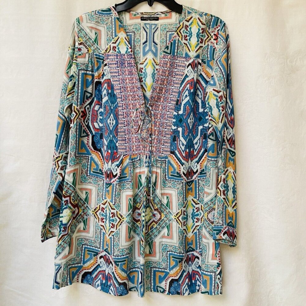Alberto Makali Blouse Womens Medium Blue Floral Tie Front Artsy Boho Lagenlook